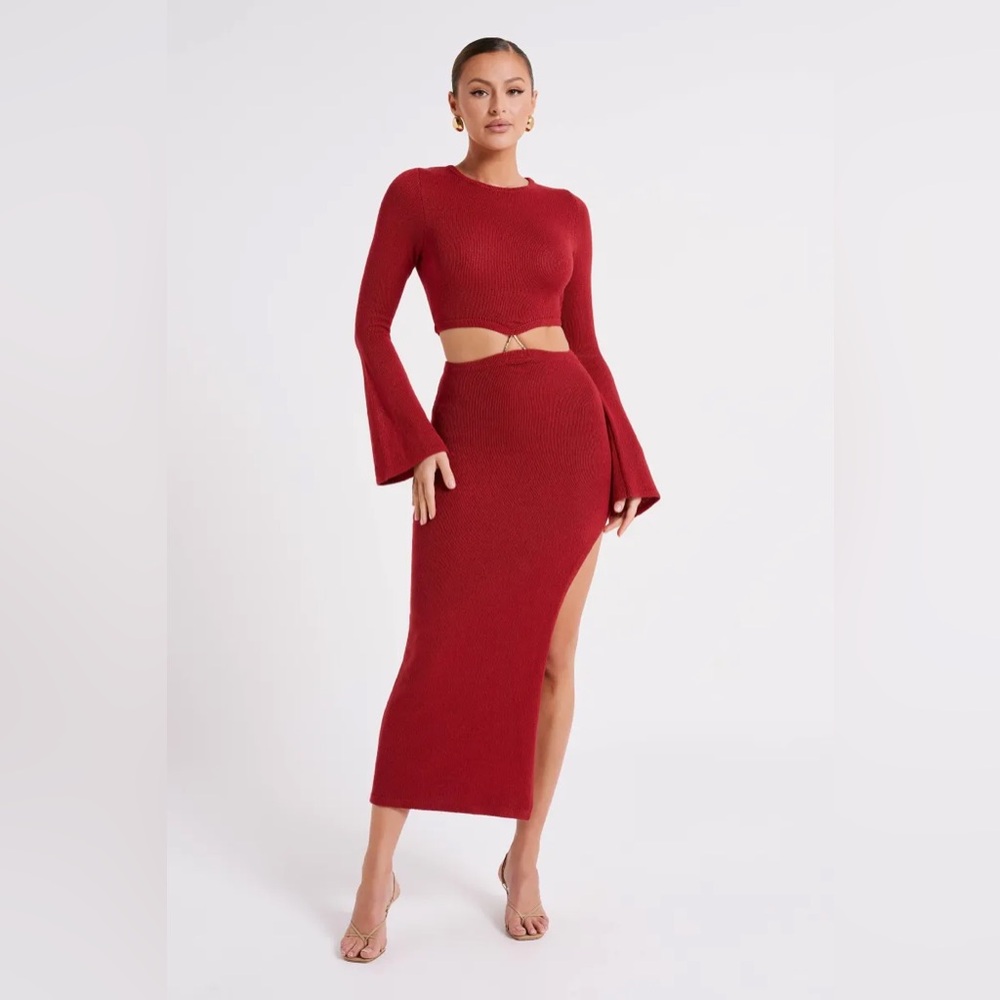 Meshki Anna Flare Sleeve Knit Dress - Wine size small maxi mini long sleeve